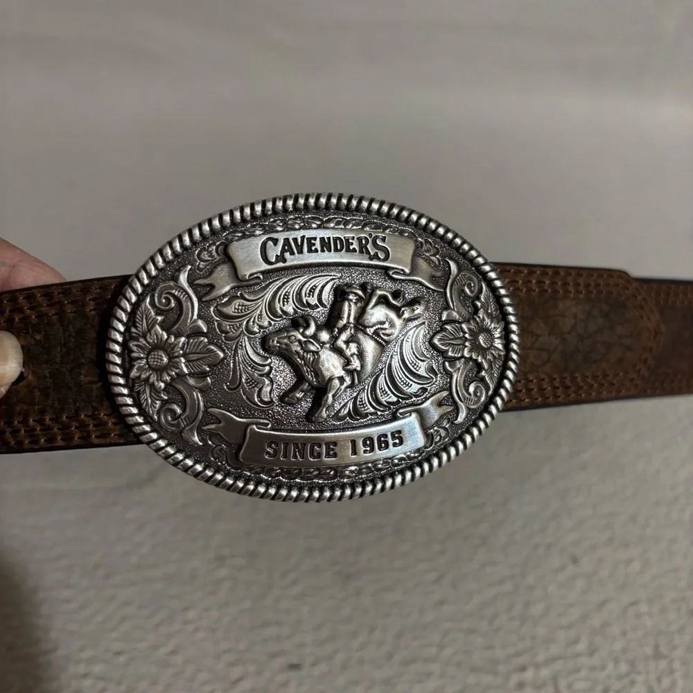 Cavenders Boys Brown Leather Western Belt with Decorative Silver Buckle size 24